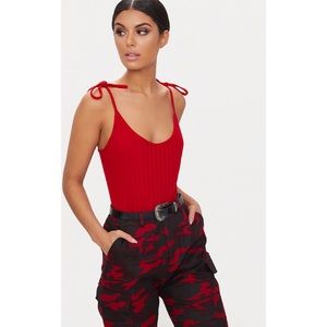 Red Rib Knit Tie Shoulder BodySuit